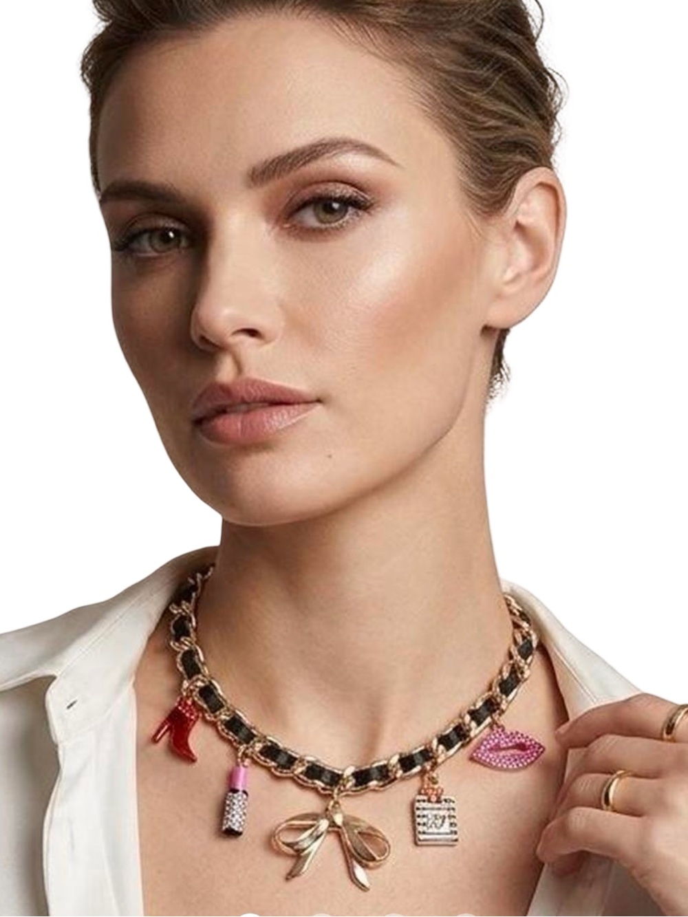 Betsey Johnson NWT Gold Chain Black Ribbon Charmed Rhinestone Necklace (J046)
